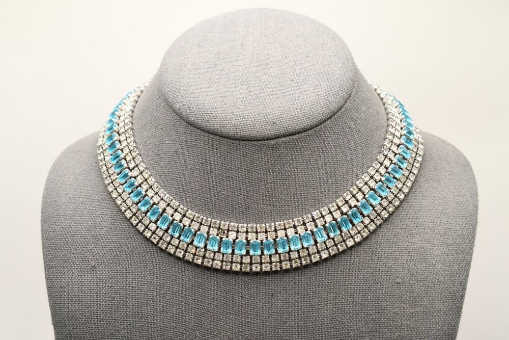 Vintage Joseph Wiesner Aqua Blue Clear Rhinestone Choker Necklace Signed